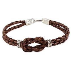 Square Knot in Espresso Braided Leather Silver Accented Bracelet