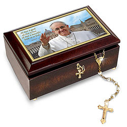Pope Francis Commemorative Music Box with Golden Rosary