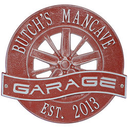Personalized Racing Wheel Aluminum Garage Plaque in Red & Silver