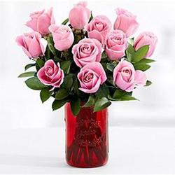One Dozen Long-Stemmed Pink Roses with Red Mason Jar & Spa Set
