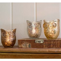 3 Owl Mercury Glass Votives