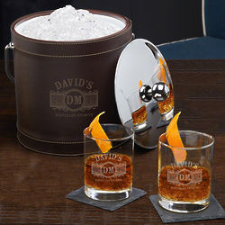 Marquee Personalized Leather Ice Bucket and Cocktail Gift Set