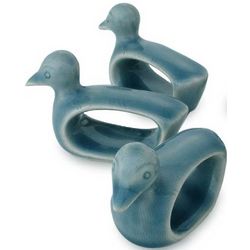 Blue Posh Ducks Celadon Ceramic Napkin Rings