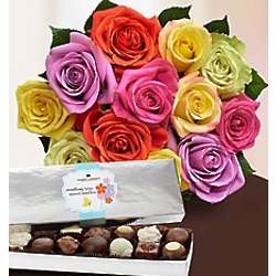 One Dozen Colorful Easter Roses with Chocolate