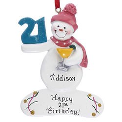 Personalized Turning 21 Snowlady with Martini Ornament