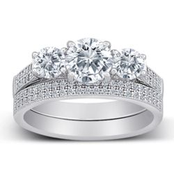 Cubic Zirconia Sterling Silver Anniversary Row Wedding Ring Set