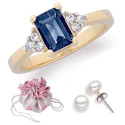 Sapphire and Crystal Ring with Pearl Earrings and Pouch