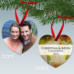 Personalized Travelers Double Sided Heart Photo Ornament