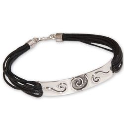 Enigma Sterling Silver and Leather Wristband Bracelet