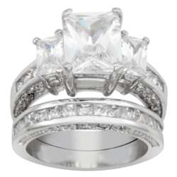 Silvertone Emerald-Cut 3 Cubic Zirconia Piece Wedding Ring Set