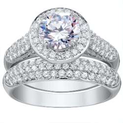 Silvertone Halo Cubic Zirconia Solitaire Wedding Ring
