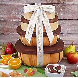 Organic Fruit and Snack Gift Tower with Personalized Ribbon