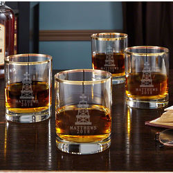 4 Oil Strike Gold Rim Personalized Whiskey Glasses