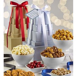 Simply Gold & Silver Snacks and Sweets Gift Tower in White Ribbon