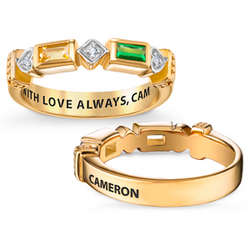 Couple's Gold-Plated Name and Baguette Birthstone Diamond Ring