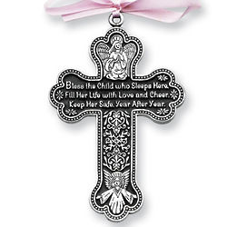 Pewter Finish Pink Ribbon Bless This Child Cross