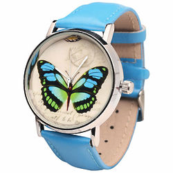 Blue Butterfly Watch with Blue Leather Band