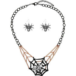Spider Web Necklace and Earrings with Rhinestone Accents