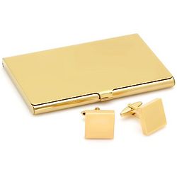 Polished Gold Business Card Holder and Cuff Links Gift Set
