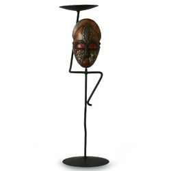 African Mask Iron and Wood Candleholder