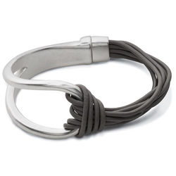 Gray & Silver Loop Bracelet With Leather Strand Knot Around Metal