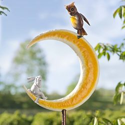 Owl and Bunny on Moon Metal Garden Stake