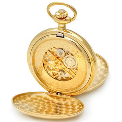 Dual Opening Gold Mechanical Pocket Watch & Chain