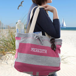 Pink and Grey Stripes Personalized Beachcomber Bag