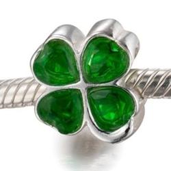 4-Leaf Green Crystal Clover Charm Bead in Sterling Silver