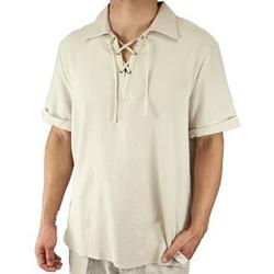 Drawstring Collar Cotton Short Sleeve Beach Shirt