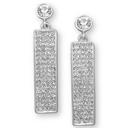 Silver Tone Rectangle Drop Earrings with Crystals