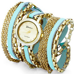 Multi Chain Mint and Gold Wrap Watch