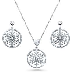 Sterling Silver CZ Snowflake Medallion Heart Necklace & Earrings