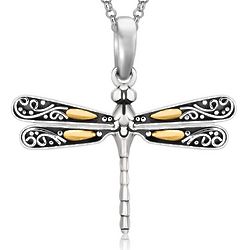 18 Karat Yellow Gold and Sterling Silver Dragonfly Pendant