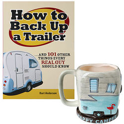 How To Back Up A Trailer Book with Blue Happy Camper Mug