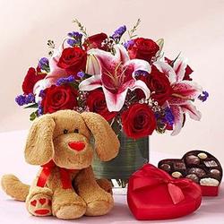 Everlasting Love Flowers, Chocolates and Plush Puppy