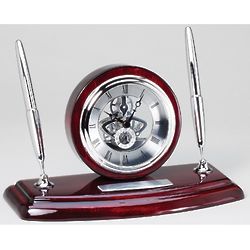 Rosewood & Silver Personalized Dual Pen Stand & Clock