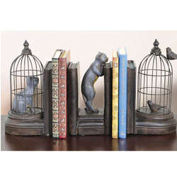 Cat and Birdcage Bookend Trio