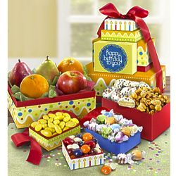 Happy Birthday Fresh Fruit and Sweets Gift Tower