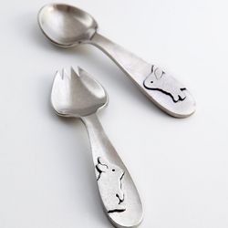 Heirloom Pewter Baby Spoon and Fork with Bunnies