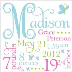 Butterfly Dreams Baby Girl Canvas Birth Announcement