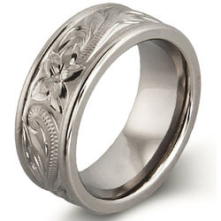 Engravable Heirloom Floral Design Titanium Ring