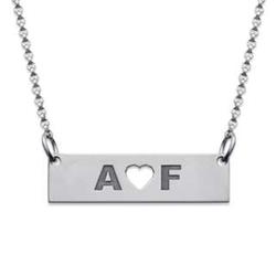 Personalized Couple's Initials Carved Heart Silver Bar Necklace