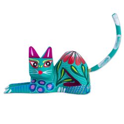 Excited Cat Wood Sculpture in Teal