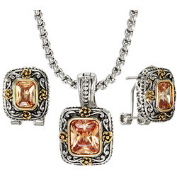 Asscher Cut Champagne Tone Earring and Necklace Set