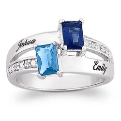 Couple's Silver Emerald-Cut Birthstone and Diamond Name Ring