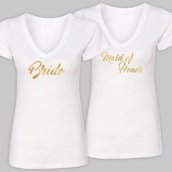Personalized Bridal Party White V-Neck T-Shirt