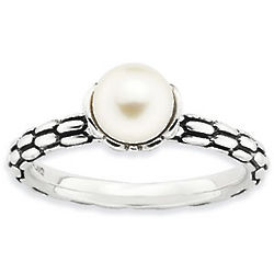Antiqued Sterling Silver 2.5mm White Pearl Stackable Ring