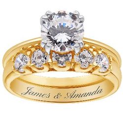 Gold Over Sterling CZ Engraved Wedding Ring Set