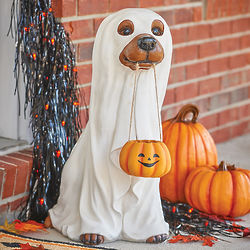 24" Trick-or-Treat Dog In Ghost Costume Statue